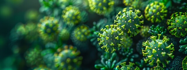 A high-resolution micrograph of virus particle. The image should be in green tone, with the spherical core and spiky protein envelope clearly visible.