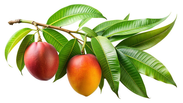 branch of a mango tree with leaves isolated on white background.