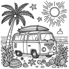 Beach Van with Surfboard Coloring Page for Kids