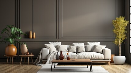 gray living room with sofa and coffee table mock up.