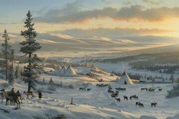 reindeer are located next to the yurt in winter