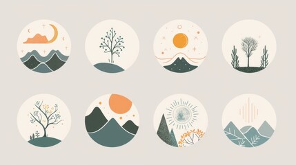 Collection of Bohemian Landscape Logos in Stylish Simplistic Linear Design