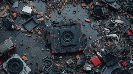 from above a black square music buffer dismantled in disorder in pieces as a mess , over a gray floor, cartoon pieces, waster technologies, posted on Reddit on 2018
