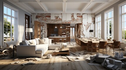 living room with Wall Being Knocked Down to Create an Open Floor Plan.