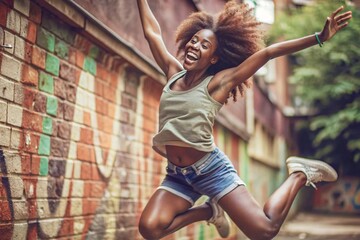 Fototapeta premium A girl leaps into the air, her arms outstretched and a radiant smile on her face. Captured mid-jump against a vibrant, multicolored background.