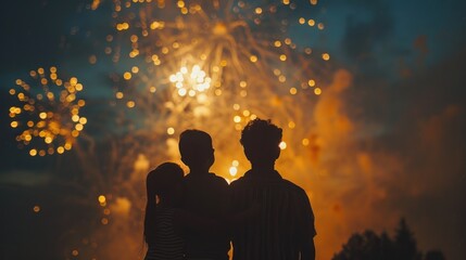 A silhouette of a family watching fireworks together on a summer night. The parents and children stand close, their heads tilted up in awe as the sky is filled with bursts of color and light. The
