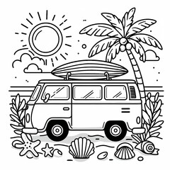 Beach Van with Surfboard Coloring Page for Kids