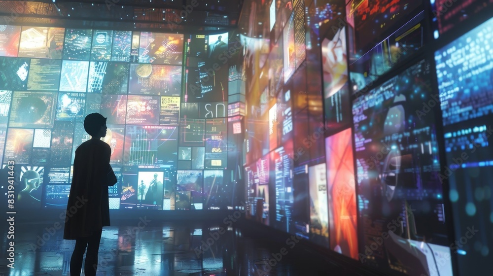 Poster a holographic projection of a virtual artist discussing the process of creating nfts and the impact 