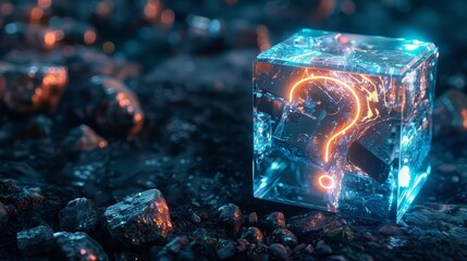 glass cube with a question mark on it energy high with glowing beams , of composite material in dark balck and blue colors, cool blue colors