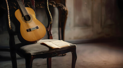 Guitar leaning against old Chipendale Chair and sheet music