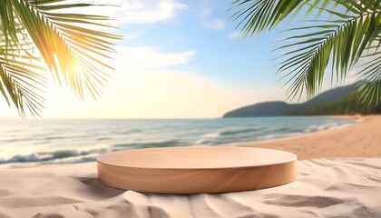 Fototapeta premium Beachy product showcase, summer, beach, podium, product display, 3D rendering