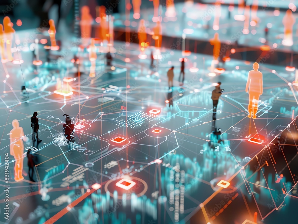 Poster digital network with holographic people icons on a futuristic interface, representing global connect