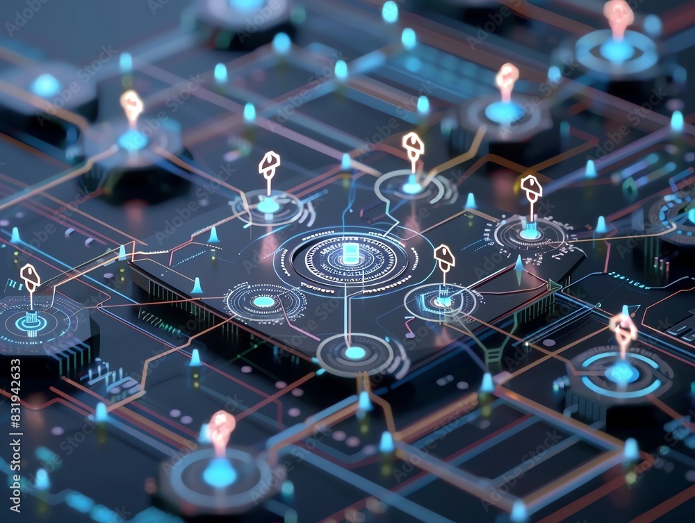 Aufkleber futuristic digital blockchain network connected nodes glowing with blue lights, representing secure 