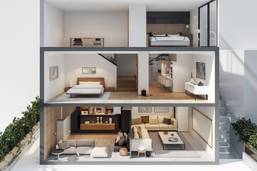House cross section view on bedroom and living room