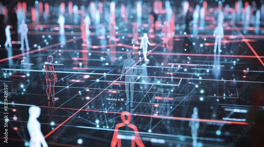 Poster futuristic digital network with glowing figures representing connectivity, technology, and data in a