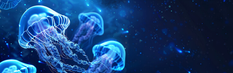 Bioluminescent jellyfish illuminating a tranquil are on blue and dark background