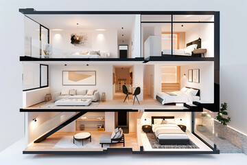 House cross section view on bedroom and living room
