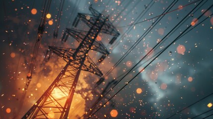 Fototapeta premium Electrical distribution with poles and wires lit up with sparks