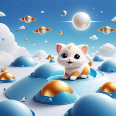 kitten on the moon, kitten on another planet, cat, animal, cartoon,