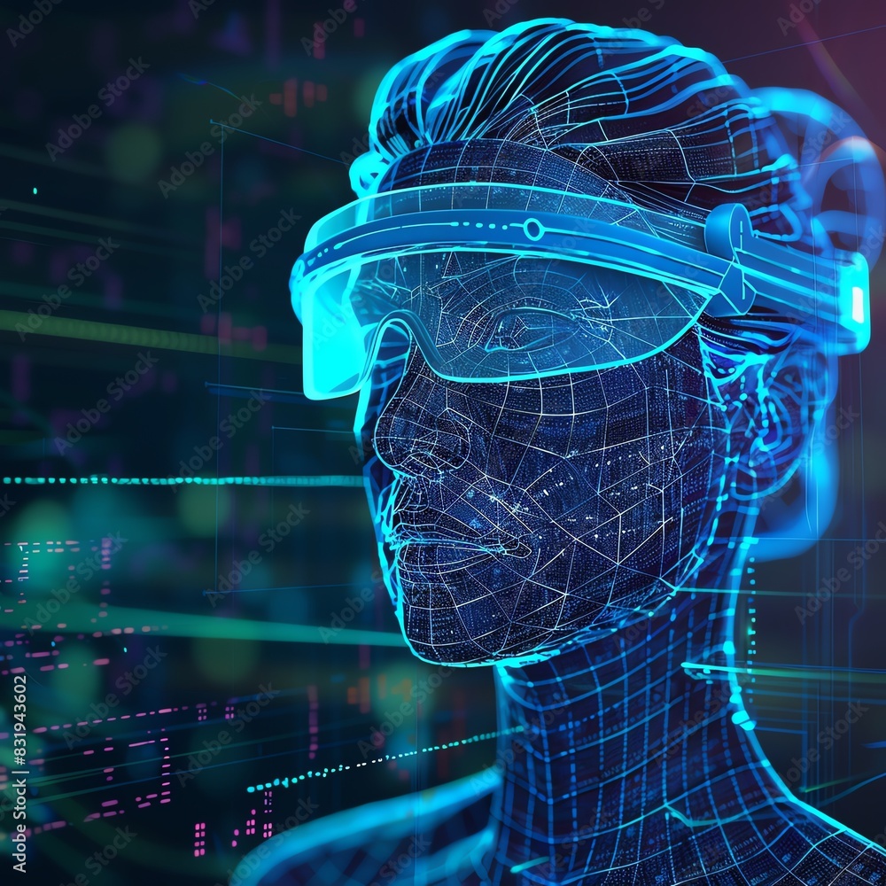 Poster futuristic digital representation of a human with augmented reality glasses immersed in a virtual en