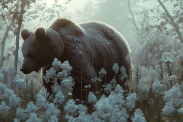 A bear is coming at us through the grass with small white flowers