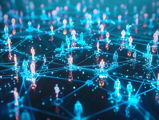 Abstract visualization of social network connections with digital human figures on a glowing blue grid. Concept of technology and communication.