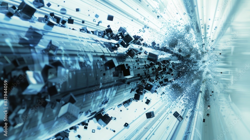 Poster a broken pipeline with bursts of data spilling out and contaminating the digital environment.