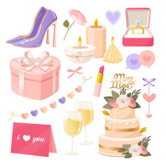 Cute collection of cartoon vector wedding elements includes high heels shoes, holiday cake, gift box, candles, lipstick, champagne glasses.
