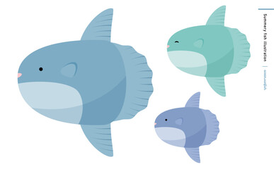 かわいいマンボウ(まんぼう)の親子と青い海の生き物イラストキャラクター