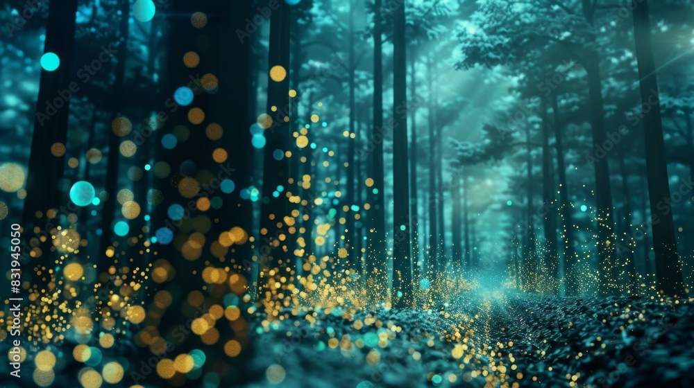 Poster a digital forest with towering trees made of blockchain technology providing the foundation for the 
