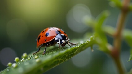 Fototapeta premium closeup portrait macro of beauty ladybug on leaf