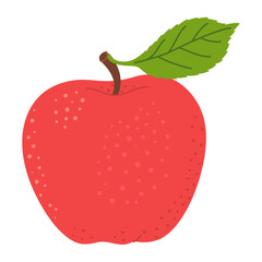 Red juicy ripe apple with green leaf. Hand drawn Red apple trendy flat style isolated on white. Apple harvest. Healthy vegetarian snack, cut apple for design, infographic. Vector illustration
