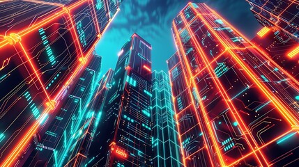 Obraz premium A circuit board cityscape, where neon skyscrapers pulse with data traffic, their windows glowing in sync