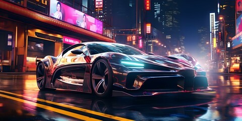 Racing through a neon cyber city at night: A futuristic car leaves glowing light trails. Concept Neon City, Futuristic Car, Light Trails, Nighttime Racing, Cyberpunk Scenery