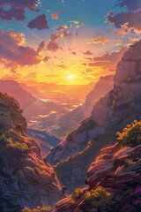 anime landscape with a mountain and valley in the background