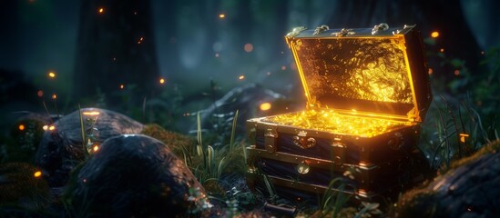 A treasure chest containing shining gold coins in the wilderness. Concept of wealth, discovery, and historical adventures. Treasure chest 3D illustration