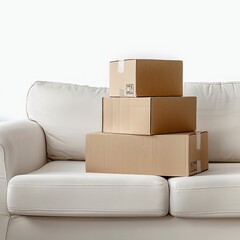 a stack of three cardboard boxes near a white sofa