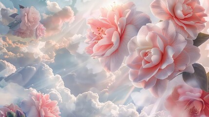 A surreal Camellia pattern with oversized flowers in hyper-realistic detail, set against a surreal, dreamy background of soft clouds and light rays, blending reality with fantasy.