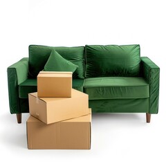 a stack of three cardboard boxes near a green sofa