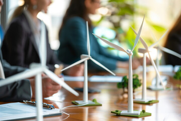several people sitting at a table with wind turbines on them