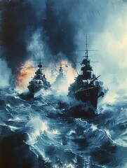 Obraz premium In World War II, the Allies launched the Normandy invasion and broke through the German defense line, capture photography, blueprint, 64K, high resolution,