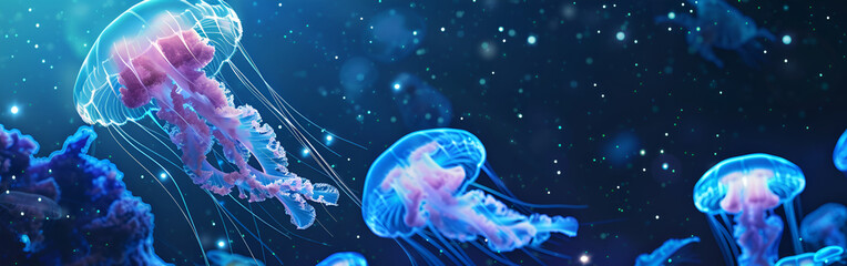 Bioluminescent jellyfish illuminating a tranquil are on dark background
