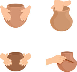Pottery craft icons set cartoon vector. Creating clay vase on wheel. Pottery master class