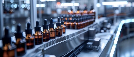 Close-up of a modern production line with glass bottles with droppers, showcasing industrial and pharmaceutical manufacturing processes.