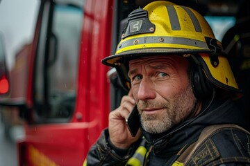 An experienced firefighter in full gear is talking on a mobile phone with a fire truck in the background
