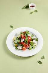 Classic Greek Salad with Feta Cheese and Fresh Vegetables on White Plate