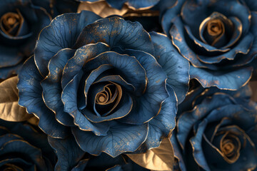 Fototapeta premium fresh blue roses close up, water on petals with gold texture