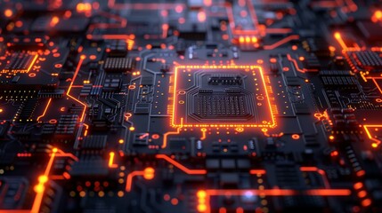 Obraz premium Close-up of a glowing microchip on a circuit board, showcasing futuristic technology and intricate electronic details.