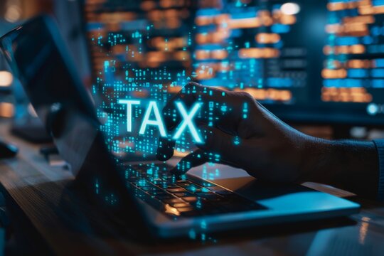An individual's hands are visible using a laptop to file taxes with digital TAX letters floating in the air