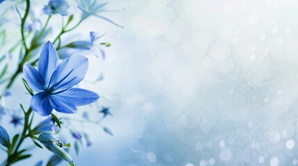 A blue and white flowery background with a blue flower in the foreground with copy space